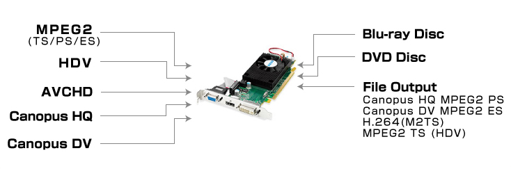 HERCULES DV/HIVISION FIRECODER 東芝製高速エンコードチップ、SpursEngine 搭載で、エンコード速度を最大80%高速化 MPEG2(TS/PS/ES) HDV AVCHD Canopus HQ Canopus DV Blu-ray Disc DVD Disc File Output Canopus HQ MPEG2 PS Canopus DV MPEG2 ES H.264(M2TS) MPEG2 TS (HDV)